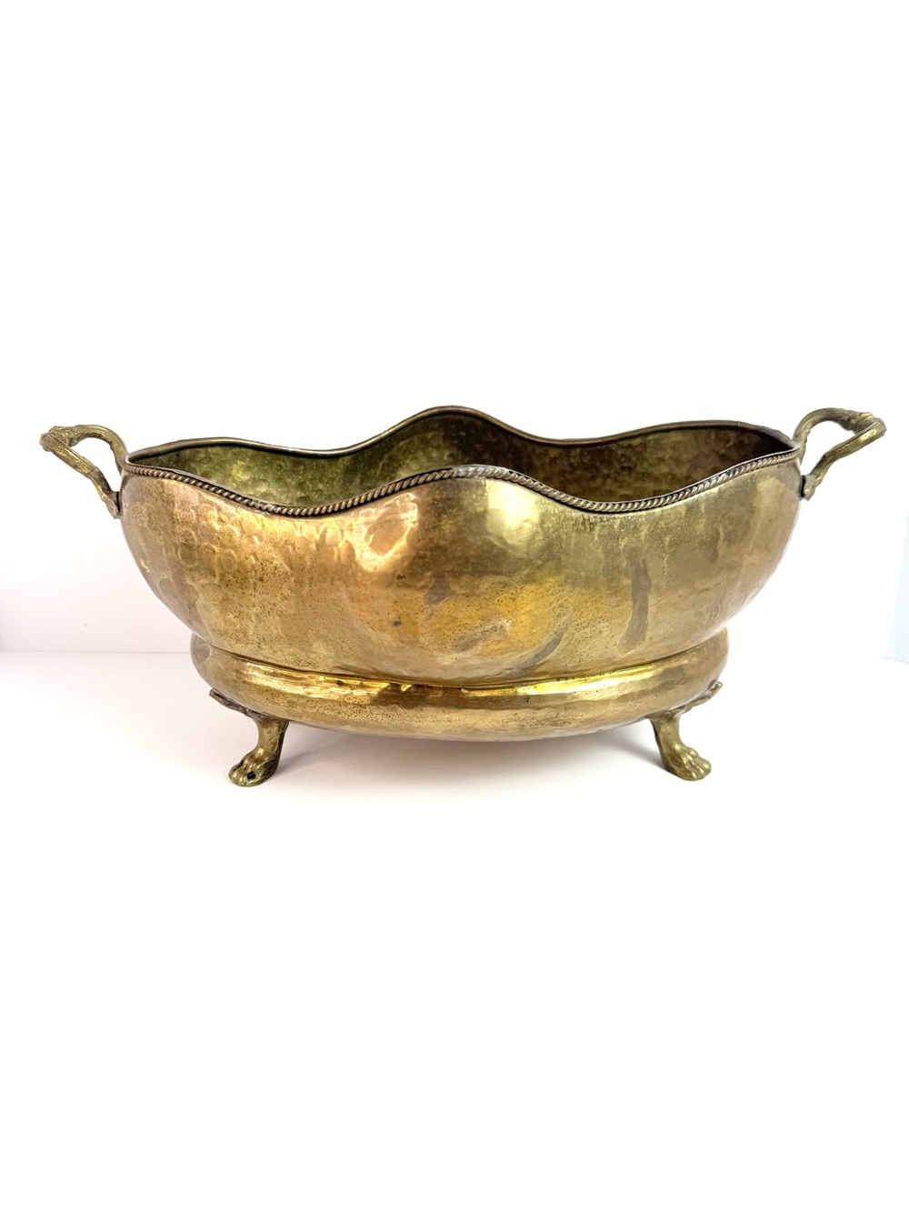 Vintage Hammered Brass Claw Footed bowl Decor Centerpiece- Planter with Handles